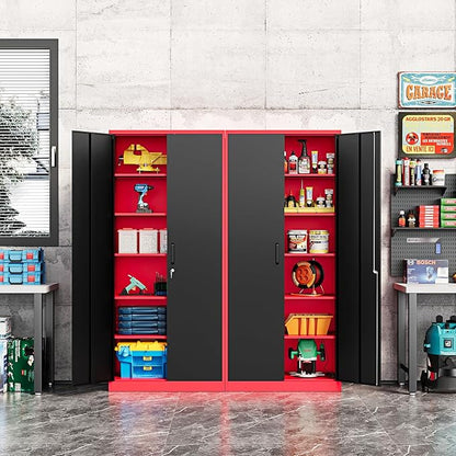 Metal Storage Cabinet-71” Tall Steel File Cabinets with Lockable Doors and Adjustable Shelves-Black&Red Steel Storage Cabinet for Home, School, Office, Garage
