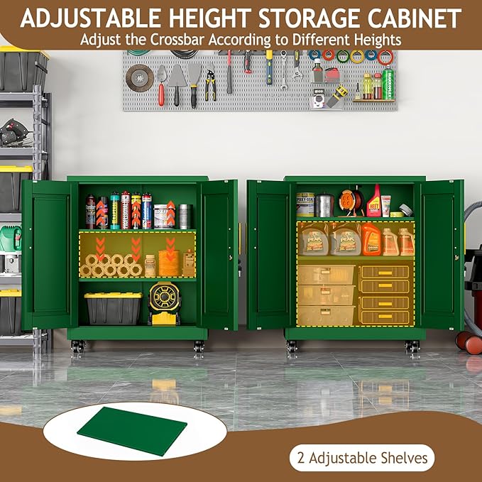 35" Metal Storage Cabinet with Lock and Wheels, Lockable Office File Cabinet with 2 Doors and 2 Adjustable Shelves, Rolling Steel Tool Garage Cabinets for Home Office (Green)