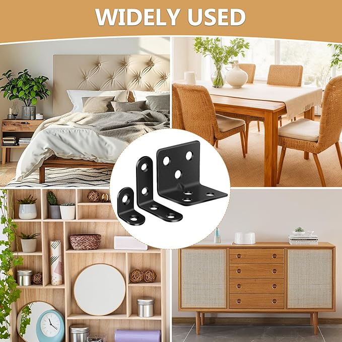 25Pcs L Brackets for Shelves, 3 Sizes Angle Corner Braces Metal L Bracket Heavy Duty for Wood, Sturdy and Rustproof for Repairing Furniture with 82Pcs Screws Mounting Bracket Easily Black