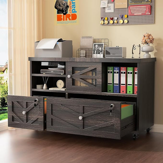 Semoic Gray Lateral File Cabinet with Lock, 2 Drawer Rolling Filing Cabinet for Home Office, Mobile Storage Cabinet with Open Shelves & Sliding Door, Fits Legal/Letter/A4 Files, Herringbone Design