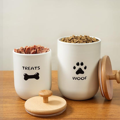 Dog Treat Container Set of 2, Dog treat jar with Airtight Lid, Small dog food container, Dog Cookie Jar for kitchen Counter, Treats Canister, Pet Treat Container 8.3x4.9 & 7.1x4.3 (White)