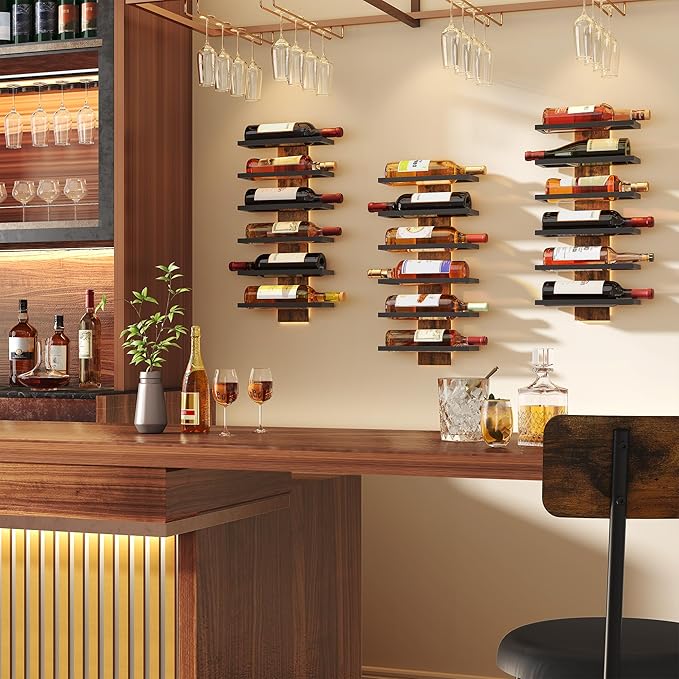 Hoctieon 2-Set 6 Tier Wall Mount Wine Rack, Wall Mounted Wine Bottle Racks for Display and Storage, Hanging Bottle Holder, for Living Room, Dining Room, Bar, Wine Cellar, Rustic Brown