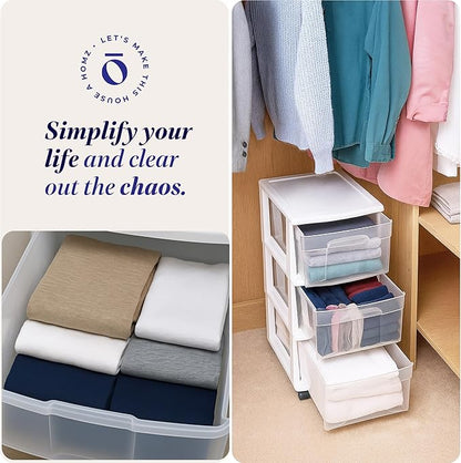 HOMZ 2-Pack Drawer Tower, 3-Tier Clear Plastic Storage Organizer Cart, White Frame - Organizing Containers with Wheels for Home, Bathroom, Bedroom, Office, and Classroom