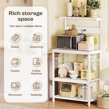 SUPERJARE Kitchen Bakers Rack with Power Outlet, Coffee Bar Table 4 Tiers, Kitchen Microwave Stand with 6 S-Shaped Hooks, Storage Shelf Rack for Spices, Pots and Pans - White