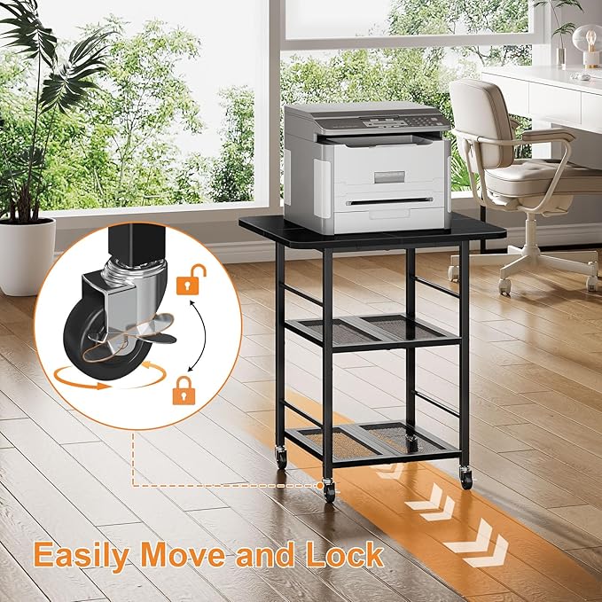 Snughome 3-Tier Printer Stand, 19.7" D×23.6" W×26.5" H Extra Large Printer Table with Storage Shelves, Rolling Cart with Lockable Wheels for Home Office, Black