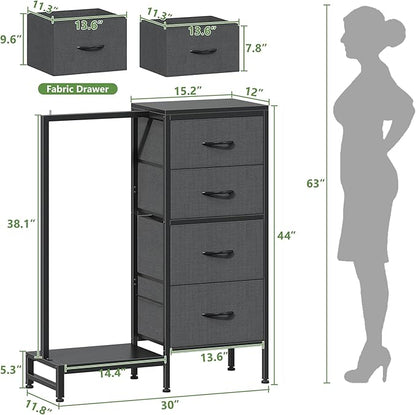 Dresser with Hanging Rack, 4 Drawers Small Closet for Bedroom, Reversible Fabric Kids Chest of Drawers with Clothes Rack, Tall Storage Tower, Sturdy Frame, Grey, 44''H