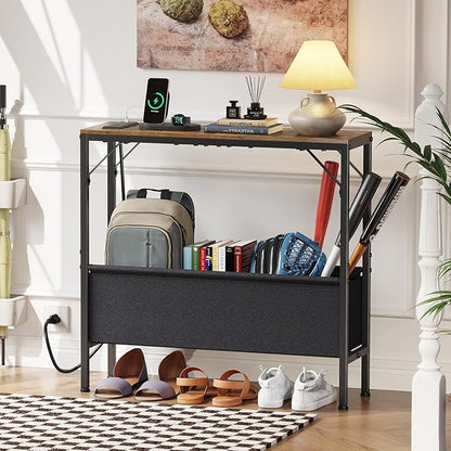 31.5" Console Table, 9.5" D Entryway Table with Power Outlets & USB Ports & Fabric Basket, Narrow Sofa Table for Hallway, Foyer, Living Room, Rustic Brown