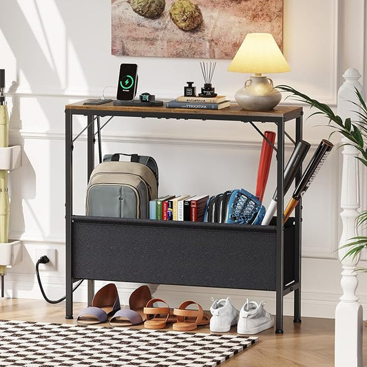 31.5" Console Table, 9.5" D Entryway Table with Power Outlets & USB Ports & Fabric Basket, Narrow Sofa Table for Hallway, Foyer, Living Room, Rustic Brown