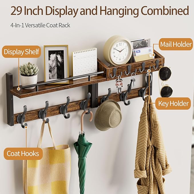 29 inch Coat Rack Wall Mount with Shelf, Set of 2 Entryway Wall Shelf with Hooks, Heavy Duty Coat Hanger Wall Mount with Key Holders and Mail Organizer for Living Room, Bedroom, Black & Brown