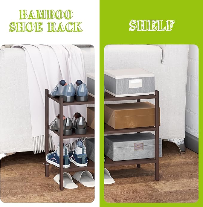 BMOSU 3-Tier Bamboo Small Shoe Rack Premium Stackable Shoe Shelf Storage Organizer for Hallway Closet Living Room Entryway Organizer(Brown)