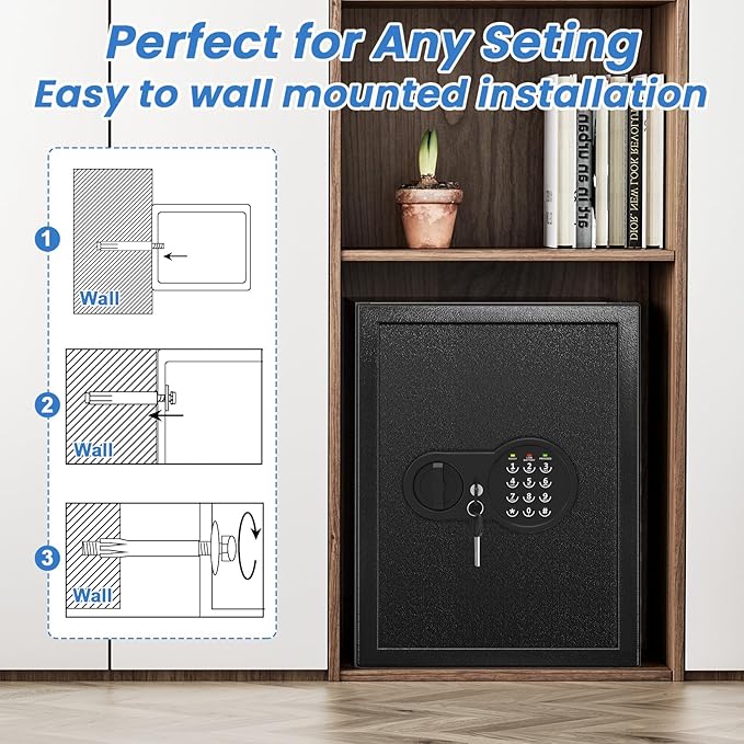 17.55'' Tall Fireproof Safe Box, 3.2 Cuft Home Safe with Keys & Pass Code & Wall Mount Kits, Money Safe with Smart Alert System, Removable Shelf, Mute Function and Fireproof Waterproof Bag