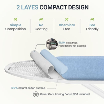Ironing Board Cover and Pad 15"x54" Extra Thick Natural Cotton, Scorch and Stain Resistant Padding, Standard Size Iron Board Cover with Fasteners Heavy Duty Elastic Edge, Heatproof Blue