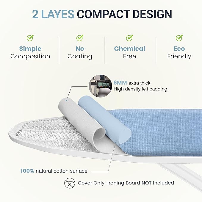 Ironing Board Cover and Pad 18"x54" Extra Thick Natural Cotton, Scorch and Stain Resistant Iron Board Cover, Extra Large Iron Board Cover with Fasteners Heavy Duty Heatproof Elastic Edge Blue