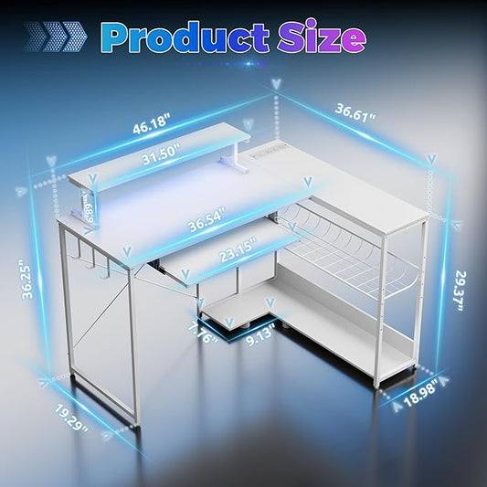 Computer Desk, L Shaped Gaming Desk with Monitor Stand & Storage Shelf & LED Light & USB Power Outlet, Reversible Shelves Corner Table with Keyboard Tray for Gaming, Home Office, Study