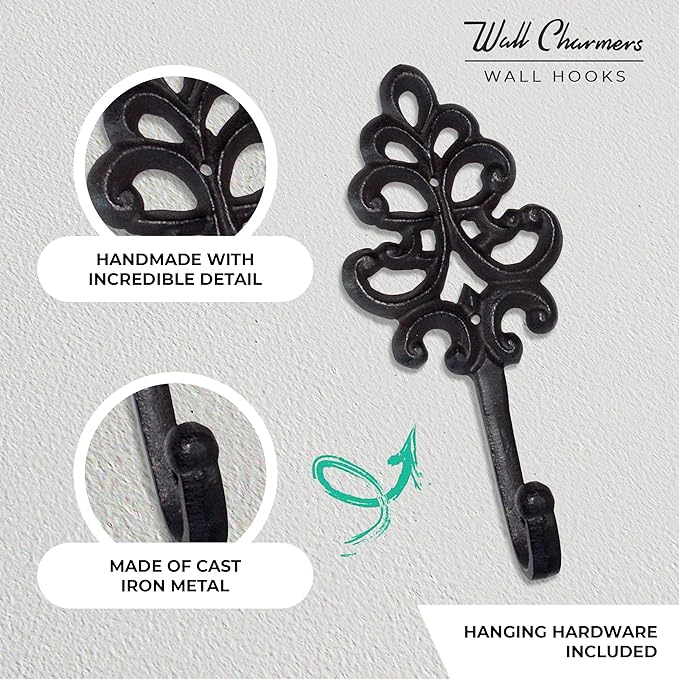 Wallcharmers Set of 3 Rustic Decorative Wall Hooks 8” | Victorian Shabby Chic Fleur De Lis Antique Towel Hooks for Hanging | Gothic Cast Iron Farmhouse Indoor Outdoor Key, Dog Leash, & Towel Hanger