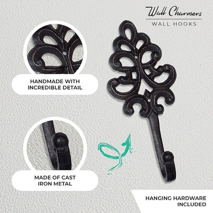 Wallcharmers Set of 3 Rustic Decorative Wall Hooks 8” | Victorian Shabby Chic Fleur De Lis Antique Towel Hooks for Hanging | Gothic Cast Iron Farmhouse Indoor Outdoor Key, Dog Leash, & Towel Hanger