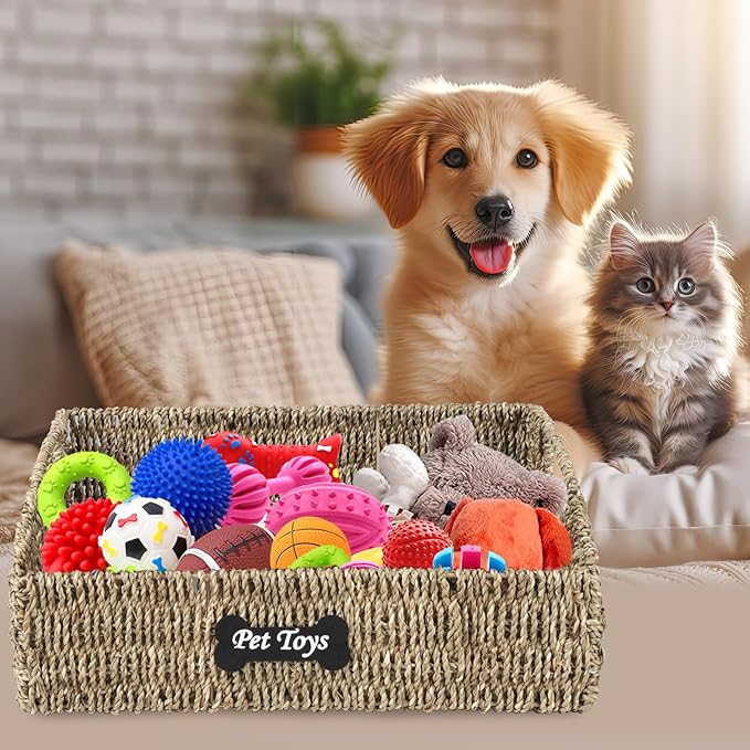 Pet Dog Toy Basket,Wicker Baskets with Built-in Handles,Dog Toy Bin,Farmhouse Puppy Toys Box,Dogs Storage Organizer for Leash Blanket Toys Snacks,Handwoven Seagrass Basket