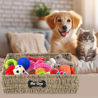 Pet Dog Toy Basket,Wicker Baskets with Built-in Handles,Dog Toy Bin,Farmhouse Puppy Toys Box,Dogs Storage Organizer for Leash Blanket Toys Snacks,Handwoven Seagrass Basket