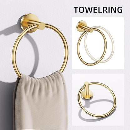 TURS Brushed Gold 5 Piece Bathroom Hardware Set, SUS304 Stainless Steel Bath Towel Bar Set, Bathroom Towel Rack Set Wall Mounted