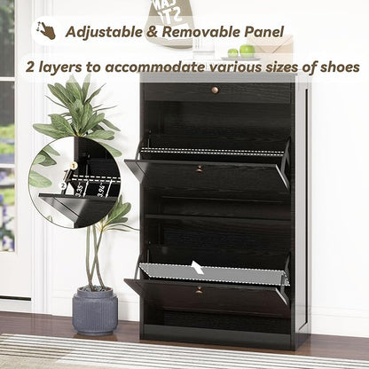 Shoe Cabinet with 2 Flip Drawers, Slim Freestanding Hidden Shoe Organizer with Drawer, Pet-Proof Shoe Storage Cabinet for Entryway Living Room Behind The Door, Black