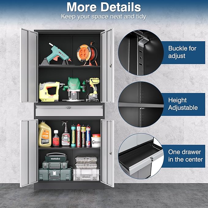 Metal Storage Cabinet with Lock, 71" Tall Garage Storage Cabinets with Doors and Shelves, Lockable Tool Cabinet for Home Office, Garage, Pantry