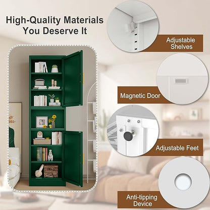 67" Tall Narrow Storage Cabinet Metal Bathroom Cabinet with 2 Doors & 4 Adjustable Shelves, Standing Pantry Cabinets Cupboard for Kitchen, Dining Room, Living Room and Bathroom (Green)