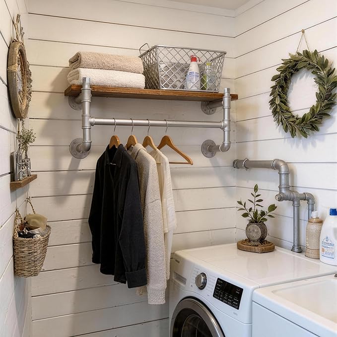 WEBI Wall Mounted Clothes Rack with Shelf,27" Industrial Pipe Clothing Rack with Shelf with Hanging Rod,Heavy Duty Iron Garment Rack Bar,Retail Display Clothes Rod for Laundry Room,Closet,Silver