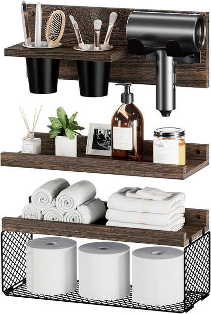 Puricon Floating Bathroom Shelves with Hair Dryer Holder, 3-Tier Rustic Wood Wall Mounted Organizers Set, Space Saving Over-Toilet Storage and Home Decor Hanging Rack -Dark Brown