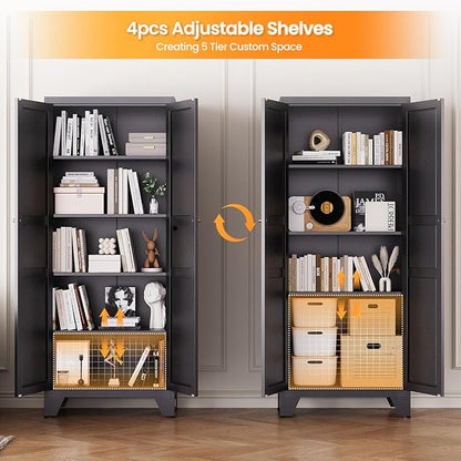 72" Tall Kitchen Cabinet Storage Unit With 2 Doors and 4 Adjustable Shelve, Metal Black Freestanding Cupboard, 5 Tier Kitchen Pantry Storage Cabinet for Kitchen Dining/Living Room/Garage/Home/Office