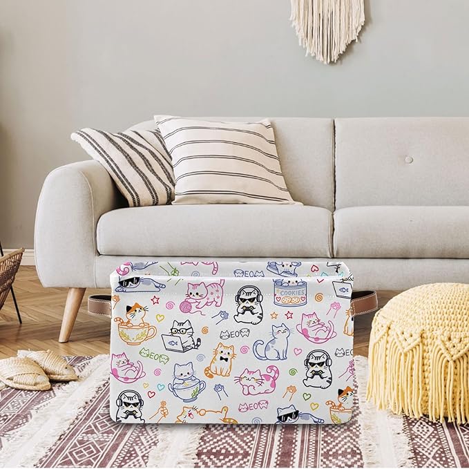Rectangle Cat Storage Basket, Collapsible Storage Box Bin with Handles for Toy, Cat Laundry Hamper for Friend, Laundry Organizer for Room Nursery, Gifts for Chritsmas Thanksgiving 14.9x11x9.4in