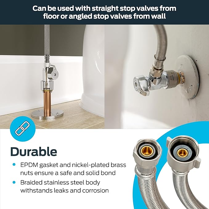 Eastman 9 Inch Flexible Toilet Connector, 7/8 Inch Ballcock x 3/8 Inch Compression, Stainless Steel Braided Hose, 48087