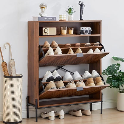 Fluted Shoe Cabinet with 2 Flip Drawers, Slim Freestanding Hidden Shoe Cabinet Organizer, Narrow Shoes Storage Rack for Entryway (All Walnut-2 Drawers, 9.45" D x 31.5" W x 41.93" H)