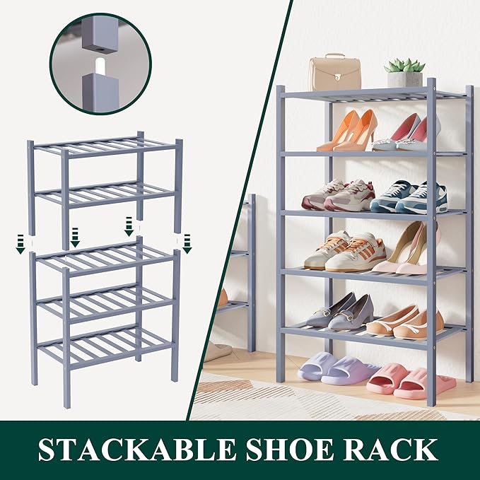Smiry Bamboo Shoe Rack for Closet, 2 Tier Small Wooden Stackable Shoe Organizer, Free Standing Shoes Storage Shelf for Entryway, Front Door Entrance, Grey