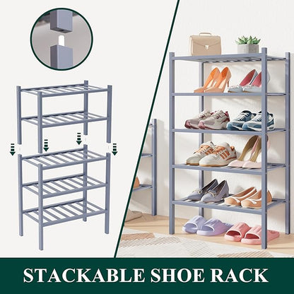 Smiry Bamboo Shoe Rack for Closet, 4 Tier Small Wooden Stackable Shoe Organizer, Free Standing Shoes Storage Shelf for Entryway, Front Door Entrance, Grey