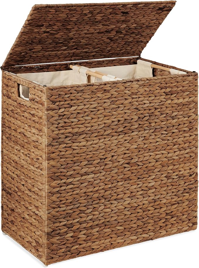 Best Choice Products Large Double Laundry Hamper with Lid, Natural Handwoven Water Hyacinth, 2 Sections w/ 2 Machine Washable Linen Liner Bags, Portable, Handles - Chestnut