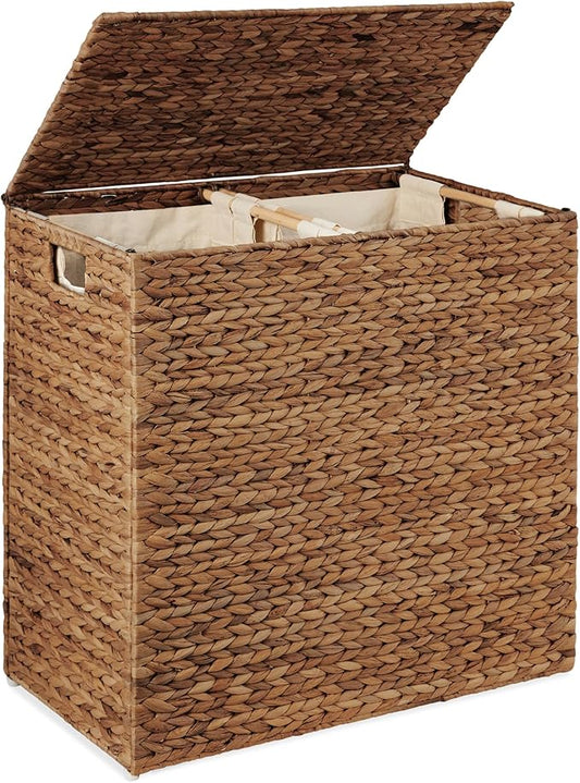 Best Choice Products Large Double Laundry Hamper with Lid, Natural Handwoven Water Hyacinth, 2 Sections w/ 2 Machine Washable Linen Liner Bags, Portable, Handles - Chestnut