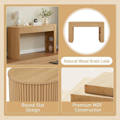 Retro Console Table with Storage, Rounded Console Table with 3 Drawers and 1 Table-Leg Niche, Round Slat Aesthetic for Entryway, Living Room, Hallway (Nature-X306)