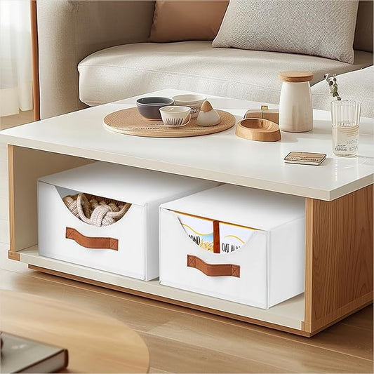 Stackable Storage Drawers - Collapsible Storage Bins with Drawers, 6 Pack Closet Shelf Organizer Basket, Fabric Pull Out Organizer for Bedroom, Living Room, Dorm, White