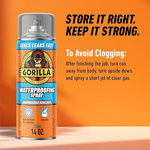 Gorilla Waterproof Patch & Seal Rubberized Sealant Spray, Crystal Clear, 14 Ounce (Pack of 1) - Seals Out Water, Air, and Moisture
