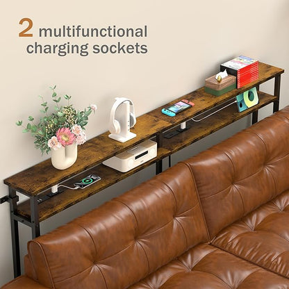 70 Inch Double-Layer Narrow Console Sofa Table with 2 Power Outlets&4 AC Plugs&4 USB Ports, 4.9' Extension Cord Included, Behind Couch Table for Living Room/office Easy Assembly - Rustic Brown