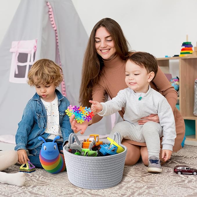 Small Cat Ears Toy Organizer, Woven Cotton Rope Basket, Decorative Nursery Bins & Boxes Gift Basket Empty for Baby Pet Toy Storage
