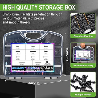 mxuteuk 1220PCS #8#10 Black Self Tapping Screws,410 Stainless Steel Self Drilling Screws for Metal,1/2" to 1-1/2" Truss Head Self Tapping Screw for Metal,Plastic,Wood (610PCS Screw+610PCS Washers)