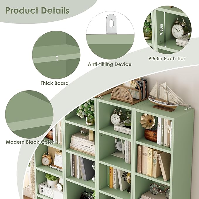 FOTOSOK 8-Tier Media Tower Rack, 11.6 X 9.3 X 70.9 Inches CD DVD Slim Storage Cabinet with Adjustable Shelves, Tall Narrow Bookcase Display Bookshelf for Home Office, Green