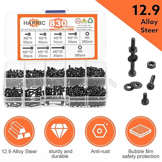 830 Pcs M2 Screws Kit Metric Bolts Kit M2*4mm/6mm/8mm/10mm/12mm/16mm/20mm Machine Screw Kit, 12.9 Alloy Steel Black Zinc Plated Hex Socket Head Screws Nuts Bolts and Washers Set