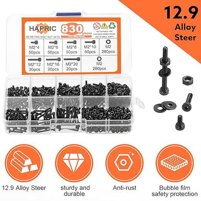 830 Pcs M2 Screws Kit Metric Bolts Kit M2*4mm/6mm/8mm/10mm/12mm/16mm/20mm Machine Screw Kit, 12.9 Alloy Steel Black Zinc Plated Hex Socket Head Screws Nuts Bolts and Washers Set