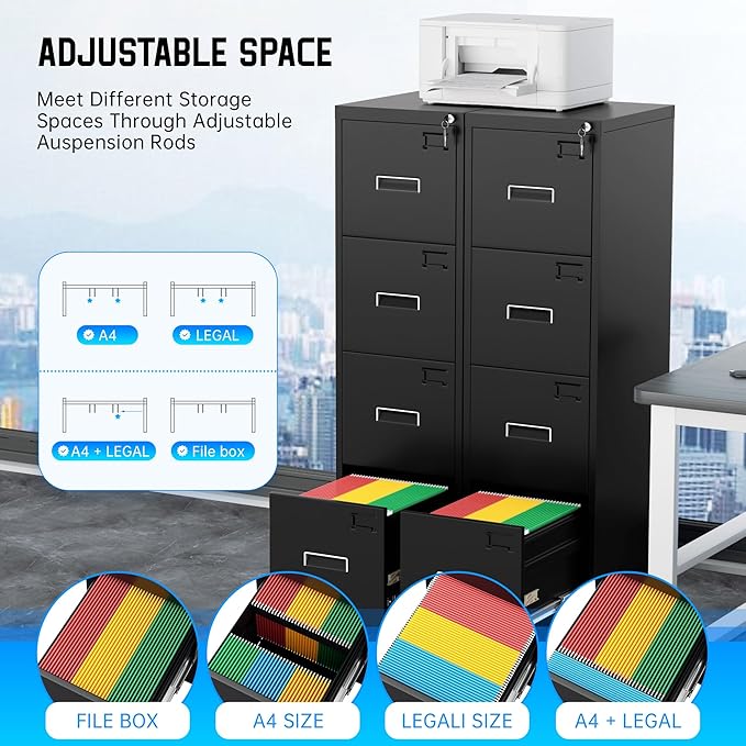 Greenvelly 18" D Metal 4-Drawer Locking Vertical File Cabinet for Home Office, Black Metal for Hanging Letter/Legal Folders, Easy Assemble