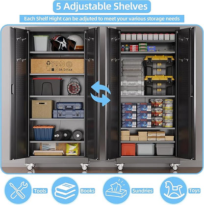 Lockable Garage Storage Cabinet with Wheels and Pegboard, 71" H Black Metal Storage Cabinet with 5 Adjustable Shelves and 4 Hooks for Garage, Home, Assembly Required, Black