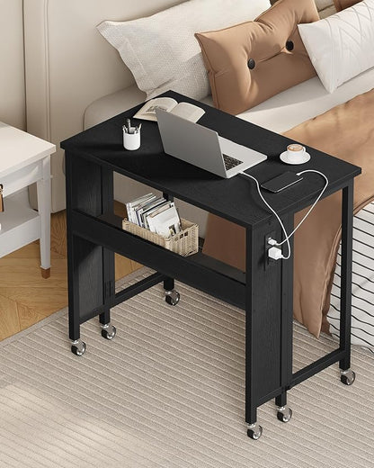 31.5" Modern Folding Computer Desk with Power Outlets, Wheels, Storage, Perfect for Small Spaces Black TDN01UBB