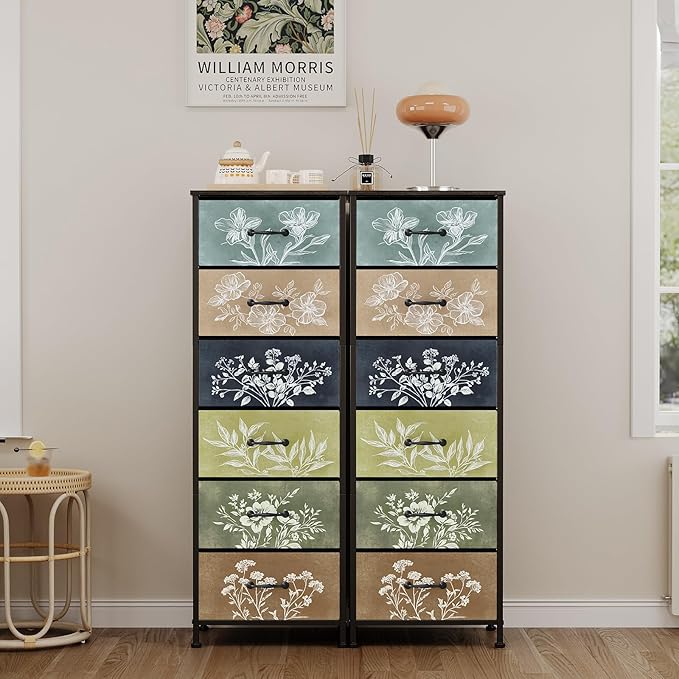 Tohomeor Vintage Dresser Vertical Nightstand with Neutral Botanical Plant Fabric Chest Drawers for Closet Bathroom Storage Tower Unit Bed Side Organizer Farmhouse Rustic (Multi, 6 Drawers)