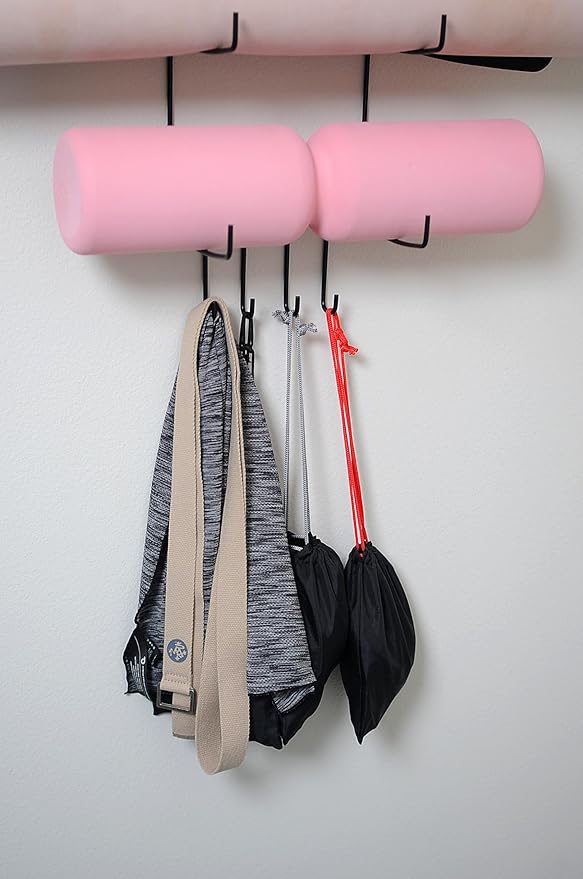 Olivia and Lily Wall-Mounted Yoga Mat Rack with black wood shelf - Organizer for Yoga Mats, Resistance Bands, and Accessories - Home Gym Storage Solution